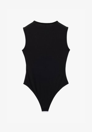 Black sleeveless bodysuit with a high neckline, smooth texture, and thong-style bottom. Simple design, no visible seams or patterns.