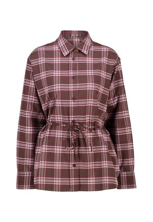 Brown plaid shirt featuring pink and white accents, button-up front, long sleeves, and a drawstring waist for adjustable fit.