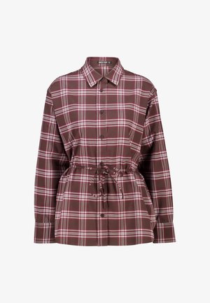 Brown plaid shirt featuring pink and white accents, button-up front, long sleeves, and a drawstring waist for adjustable fit.