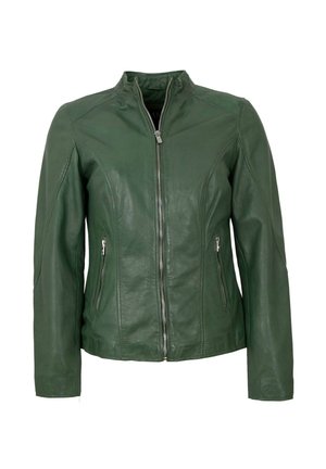 Grüne Lederjacke mit durchgehendem Reißverschluss, Stehkragen und zwei seitlichen Reißverschlusstaschen. Verfügt über eine glatte Textur und eine taillierte Passform.