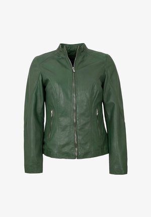 Grüne Lederjacke mit durchgehendem Reißverschluss, Stehkragen und zwei seitlichen Reißverschlusstaschen. Verfügt über eine glatte Textur und eine taillierte Passform.