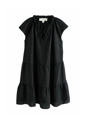 Schwarzes ärmelloses Stufenkleid mit gerafftem Ausschnitt und vorne mit Bindeband, aus leichtem Leinenstoff gefertigt.