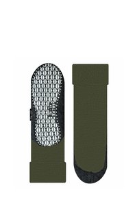 Sottili verdi con un fondo nero testurizzato e una superficie di presa a motivo bianco. Presentano un bordo in tessuto rettangolare nella parte superiore.