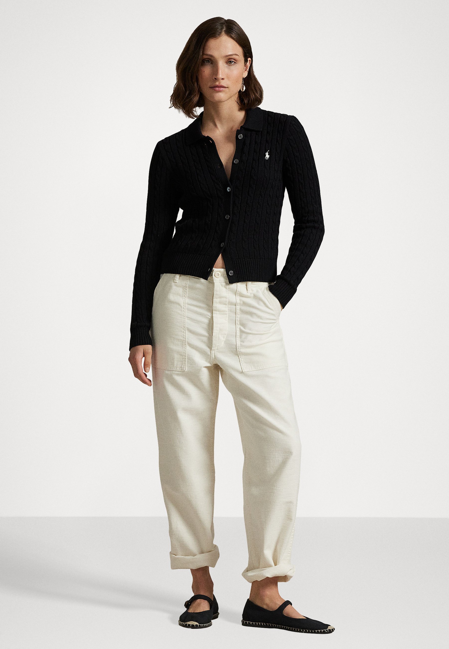 売れ筋商品|||ラルフローレン ニット&セーター レディース アウター WIMBLEDON CABLE SHORTSLEEVE CARDIGAN - Cardigan - black Wimbledon Cable Short-Sleeve Cardigan for Women | Ralph