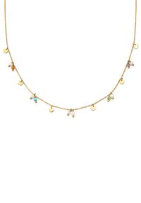 Collar de cadena de oro con cuentas coloridas y pequeños charms circulares, que presenta una mezcla de texturas y formas a lo largo de su longitud.