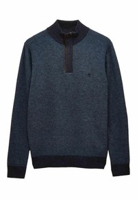 Tumši zila džemperis ar augstu apkakli un puszipu, ar faktūru adījumu un ribotām aprocēm un apakšmalu. Neliels logo uz krūtīm.