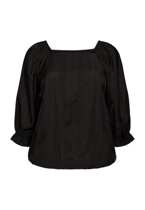 Čierna blúzka so štvorcovým výstrihom, nafúknutými dlhými rukávmi a sťahovacími elastickými manžetami, vyrobená z textúrovanej tkaniny.