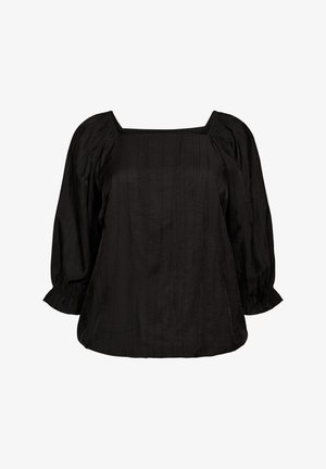 Sort bluse med firkantet udskæring, puffede lange ærmer og samlet elastik ved håndleddene, lavet af tekstureret stof.