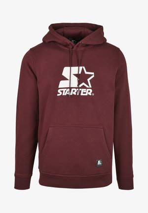 Bordeauxroter Hoodie mit einem weißen "Starter"-Logo und Sternenmuster. Verfügt über eine Kängurutasche, eine verstellbare Kapuze mit Kordelzug und gerippte Bündchen.