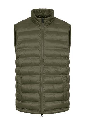 Olijfgroene puffervest met een doorgestikte ontwerp, hoge kraag, ritssluiting aan de voorkant en twee zijzakken. Soepele, lichte stof.