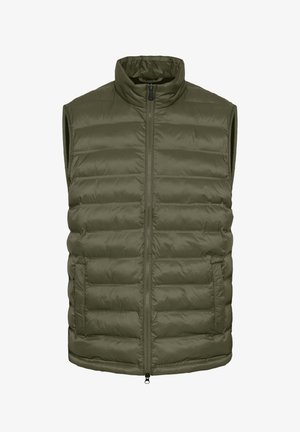 Puhasta jakna v olivno zeleni barvi, pikčasta zasnova z visokim ovratnikom, sprednjim zadrgo in dvema stranskima žepoma. Gladko, lahko blago.