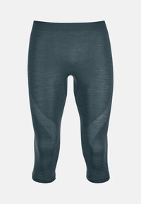 Dark teal compression leggings with a smooth texture, cropped length, and contrasting mesh pattern on the sides for breathability.