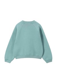 Sweatshirt vert menthe, texture douce, coupe ample, manches raglan, ourlet large à revers et encolure. Design uni sans motifs ni accents.