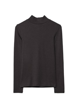 Dark gray long-sleeve top made from a soft, stretchy fabric. Features a mock neck and a straight hem with side slits for ease of movement.