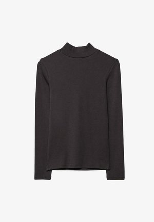 Dark gray long-sleeve top made from a soft, stretchy fabric. Features a mock neck and a straight hem with side slits for ease of movement.