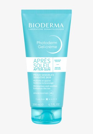 Bioderma Photoderm Gel-Crème After-Sun, 200 ml, turquoise tube met witte accenten, voorzien van een flip-topdop, tekst in het Frans en Engels.