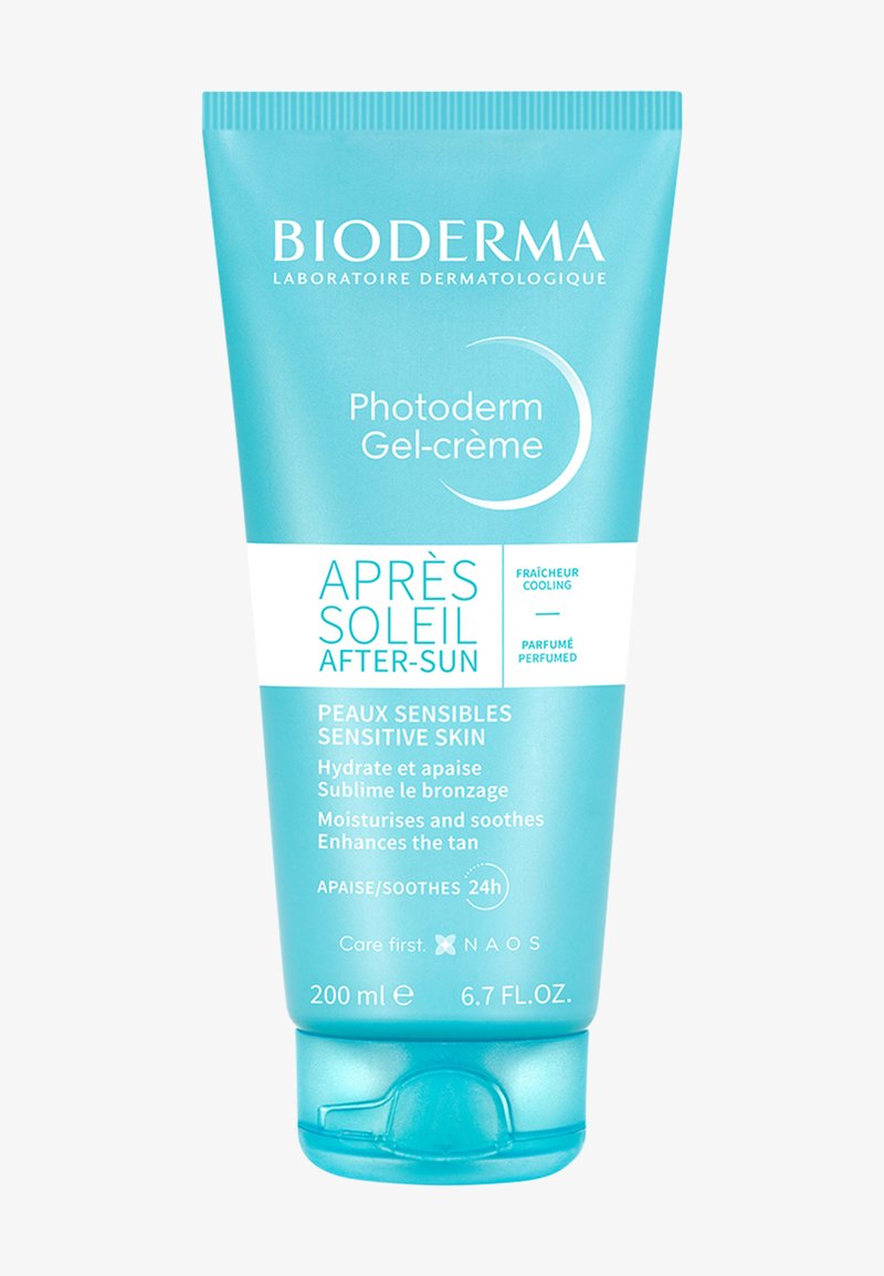 Bioderma Photoderm Gel-Crème Après-Soleil, 200 ml, tube turquoise avec accents blancs, doté d'un couvercle à rabat, texte en français et en anglais.