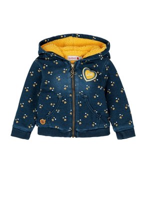 Sweat à capuche pour tout-petit bleu marine avec motif de cœurs jaunes, doublure en polaire jaune, fermeture éclair à l'avant, deux poches et un patch en forme de cœur portant l'inscription « love » sur la poitrine.