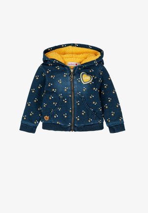 Felpa con cappuccio per bambino color blu navy con motivo di cuori gialli, fodera in pile giallo, cerniera frontale, due tasche e una toppa a forma di cuore con la scritta "love" sul petto.