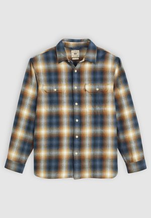 Plaid flannel shirt featuring blue, brown, and cream colors, with two chest pockets, buttons along the front, and a classic collar design.