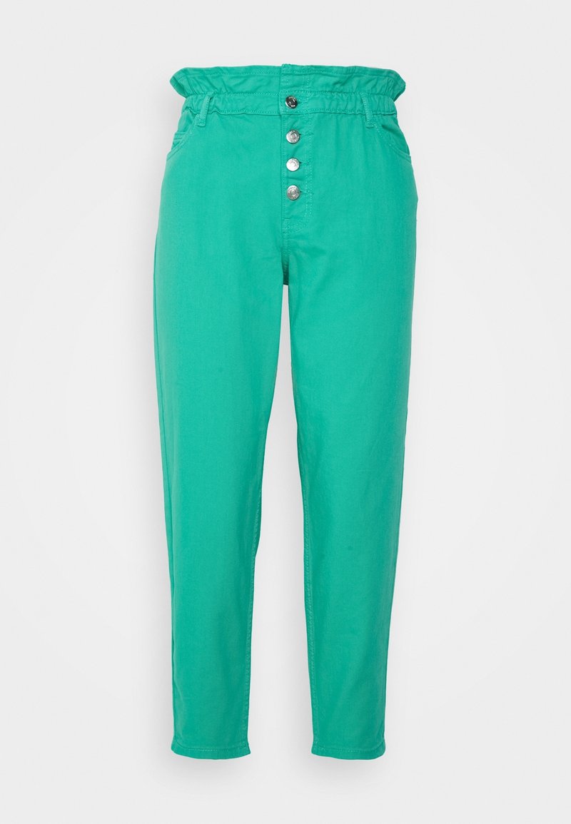 Pantalon taille haute turquoise avec une ceinture élastique froncée et quatre boutons argentés à l'avant, avec des poches latérales et des jambes fuselées.