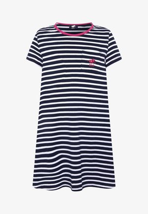 Korte mouwen jurk met horizontale marineblauwe en witte strepen, roze kraagafwerking en een klein borstzakje met roze draakborduursel.