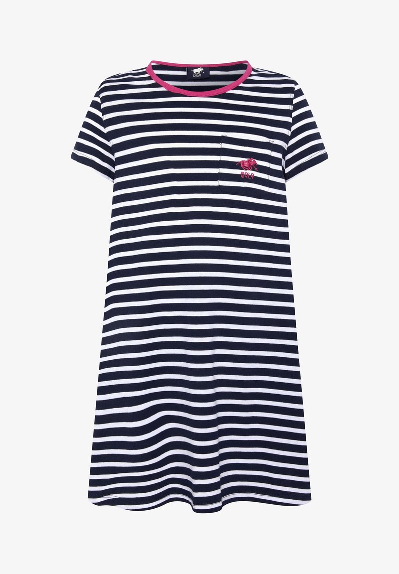 Robe à manches courtes rayée horizontalement bleu marine et blanc avec un bord de col rose et une petite poche poitrine brodée d'un dragon rose.