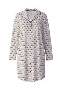 Vestaglia stampata in tessuto leggero, con motivo a scallop in blu navy e crema, maniche lunghe, colletto a punte e chiusura frontale con bottoni.