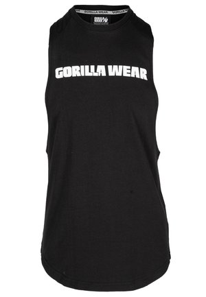 Black sleeveless tank top made of cotton, featuring a round neckline and a prominent white "GORILLA WEAR" logo on the front.