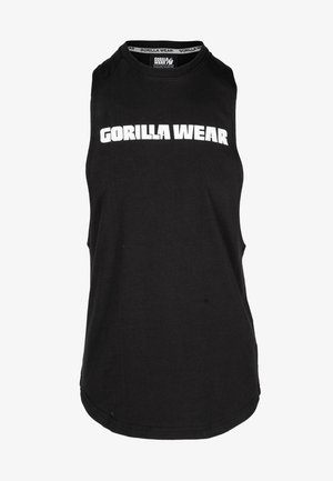 Zwarte mouwloze tanktop van katoen, met een ronde halslijn en een opvallend wit "GORILLA WEAR" logo aan de voorkant.