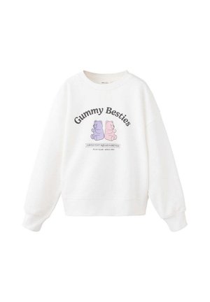 Sweat-shirt blanc avec des oursons en gomme violet et rose dessinés, texte "Gummy Besties" au-dessus et "Sweetest Squad Forever" en dessous des ours.