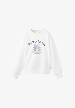 Sweat-shirt blanc avec des oursons en gomme violet et rose dessinés, texte "Gummy Besties" au-dessus et "Sweetest Squad Forever" en dessous des ours.