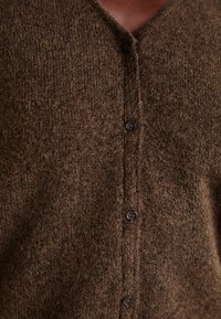 Cardigan in lana marrone con scollo a V, chiusura a bottoni e una superficie texture con leggere sfumature. Bottoni neri decorano la chiusura.