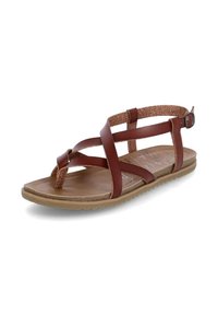 Brown leather sandal with multiple adjustable straps, textured footbed, and a rubber sole. Features a toe post and an ankle buckle.