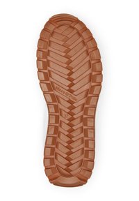 Semelle en caoutchouc brun avec un motif de bande de roulement comportant des lignes en zigzag et des crêtes. Comprend le nom de la marque "Marc O'Polo" et la taille "37" embossés.