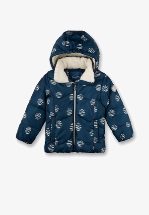 Veste d'hiver pour enfants bleu marine avec motifs circulaires blancs, fermeture éclair à l'avant, capuche et doublure en polaire blanche douce.