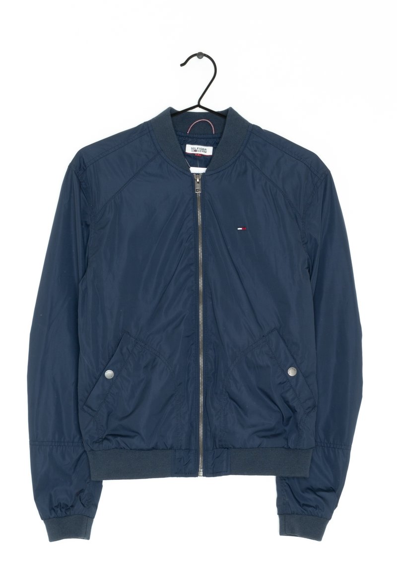 Navy blue bomber jacket with a zip front, ribbed collar, and two side pockets. Made of smooth, lightweight fabric with subtle logo detailing.