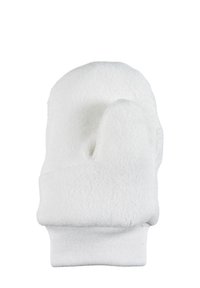 Weiße Fleece-Handschuhe mit einer gemütlichen Textur, runder Form und einem gerippten Bündchen für einen engen Sitz. Einfaches Design ohne zusätzliche Muster.