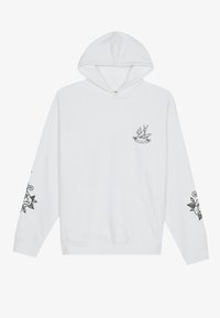 Hvit hettegenser med frontlomme og snor i hetten. Har svarte illustrasjoner av fugler og blomsterdesignet på ermene. Mykt stoff.