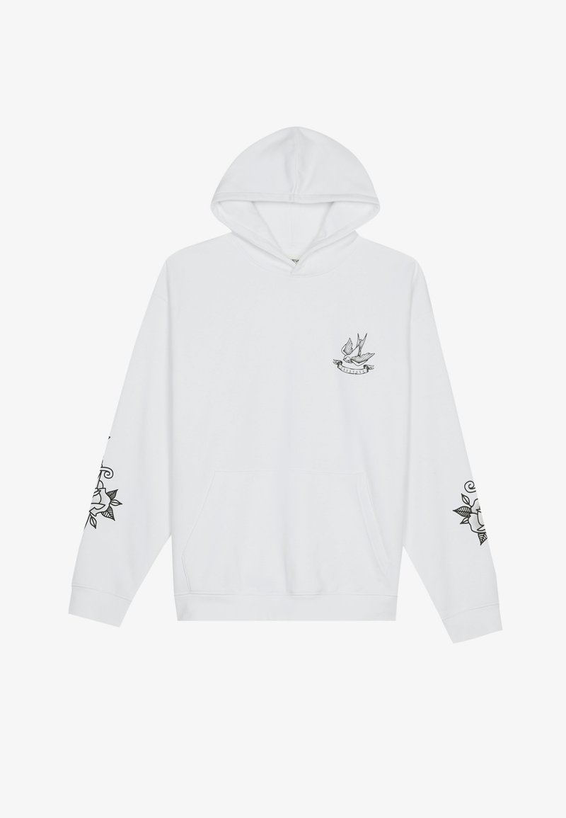 Biała bluza z kapturem i kieszenią z przodu. Na rękawach znajdują się czarne ilustracje ptaków i kwiatowych wzorów. Miękka tkanina.