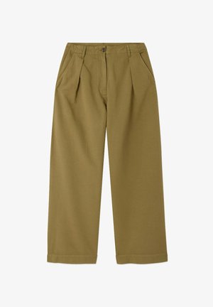 Kārdzina bikses ar vaļīgu piegriezumu, tām ir divas priekšējās krokojums, pogas aizdare un standarta kabatas. Audums ir gluds.