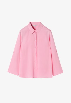 Roosa nööpidega särk, millel on krae, pikad varrukad ja sirge lõige. Valmistatud siledast kangast, kus on diskreetne nööbistamine ja mansetid.