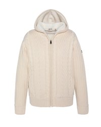 Hellbeige gestrickte Kapuzenjacke mit durchgehendem Reißverschluss, Zopfmuster, weichem Fleecefutter sowie gerippten Bündchen und Saum. Verfügt über eine abgerundete Kapuze.
