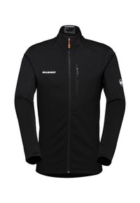 Black Mammut jacket with a zippered chest pocket. Features a textured ribbed pattern, stand-up collar, and contrasting orange zipper pull.