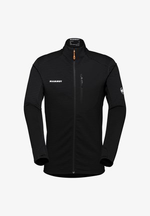 Zwarte Mammut-jas met een ritszak op de borst. Heeft een gestructureerd ribpatroon, opstaande kraag en een contrasterende oranje ritslip.