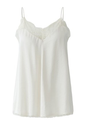 White satin camisole with delicate lace trim at the neckline and hem, featuring thin adjustable shoulder straps.