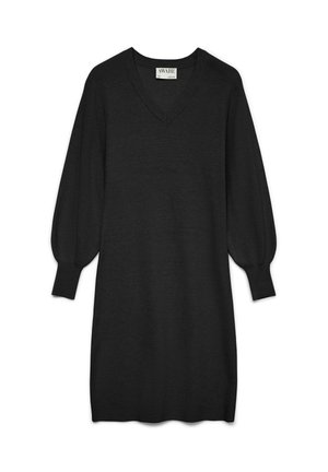 Zwarte gebreide jurk met een V-hals, lange pofmouwen en geribde manchetten. Soepele textuur en knielang ontwerp, geschikt voor casual wear.