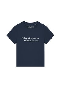 Marineblaue Baumwoll-T-Shirt mit Rundhalsausschnitt und kurzen Ärmeln. Mit weißem Text, der sagt: "Das ist aber ein schöner Baum."