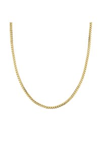 Goldfarbene Metallkette mit einem geflochtenen Design, das aus glatten, runden Gliedern besteht und eine glänzende Oberfläche sowie eine gleichmäßige Textur aufweist.