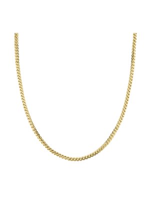 Gouden metalen ketting met een gevlochten ontwerp en gladde, ronde schakels, die een glanzende afwerking en een egale textuur toont.